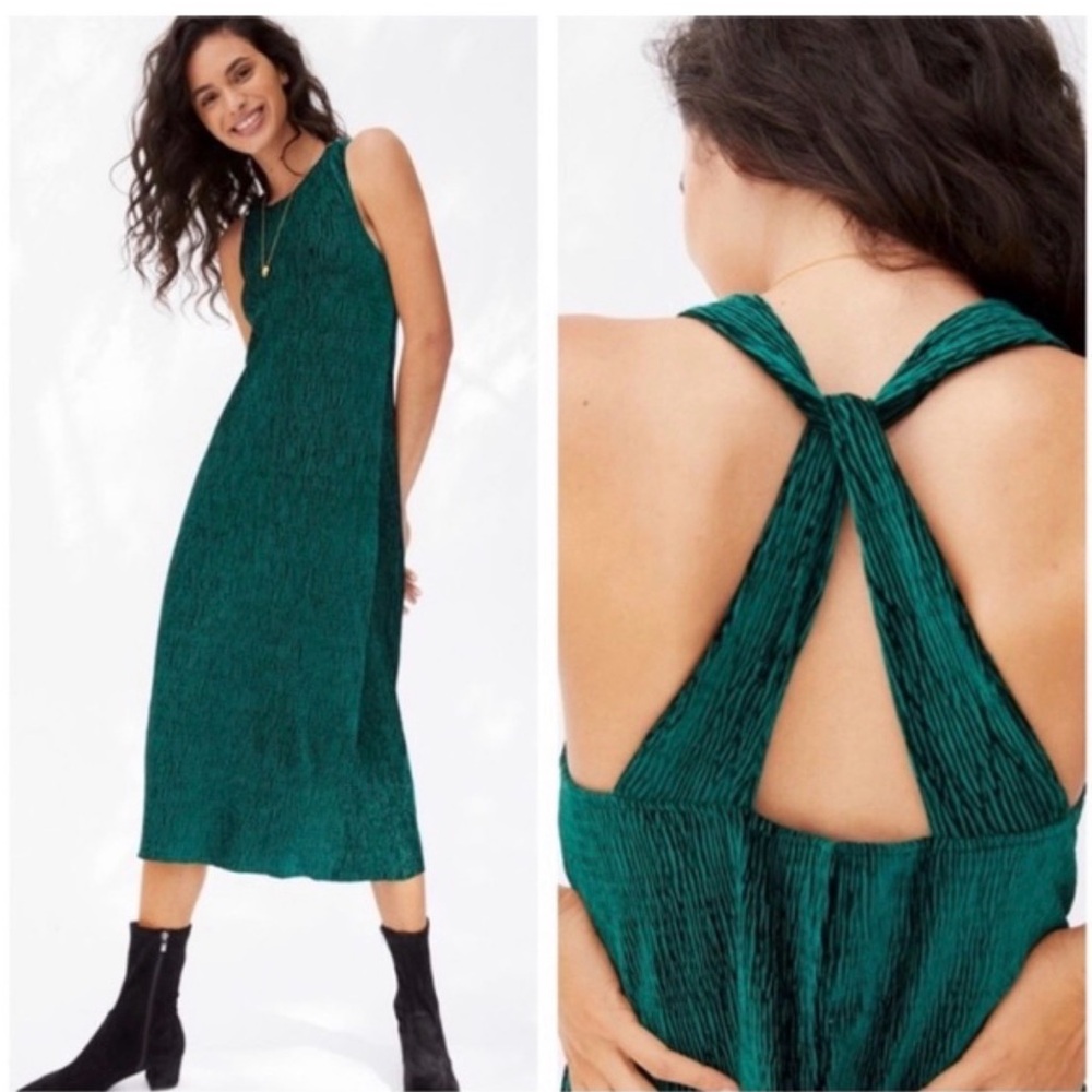 Anthropologie Maeve S NWT Twist Back Velvet Textured Midi Dress Emerald Green